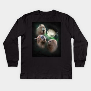 3 Three Capybara Moon, Wolf Wolves Howling Kids Long Sleeve T-Shirt